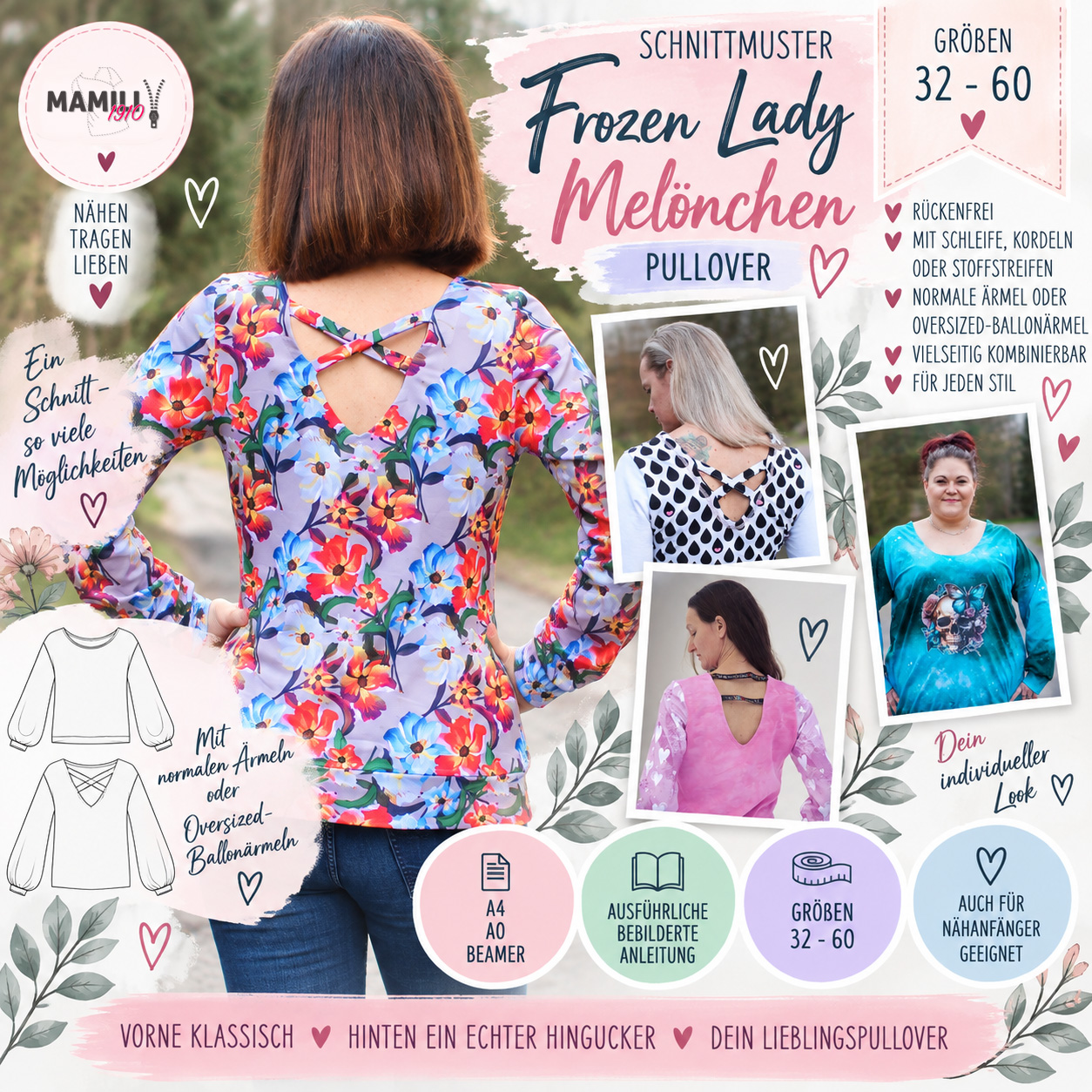 Schnittmuster Pullover Frozen Lady Melönchen Gr. 32–60 mit besonderem Rückendetail