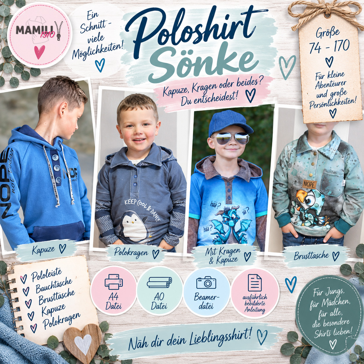 Schnittmuster Poloshirt Sönke Kinder Gr. 74–170 mit Kapuze und Polokragen