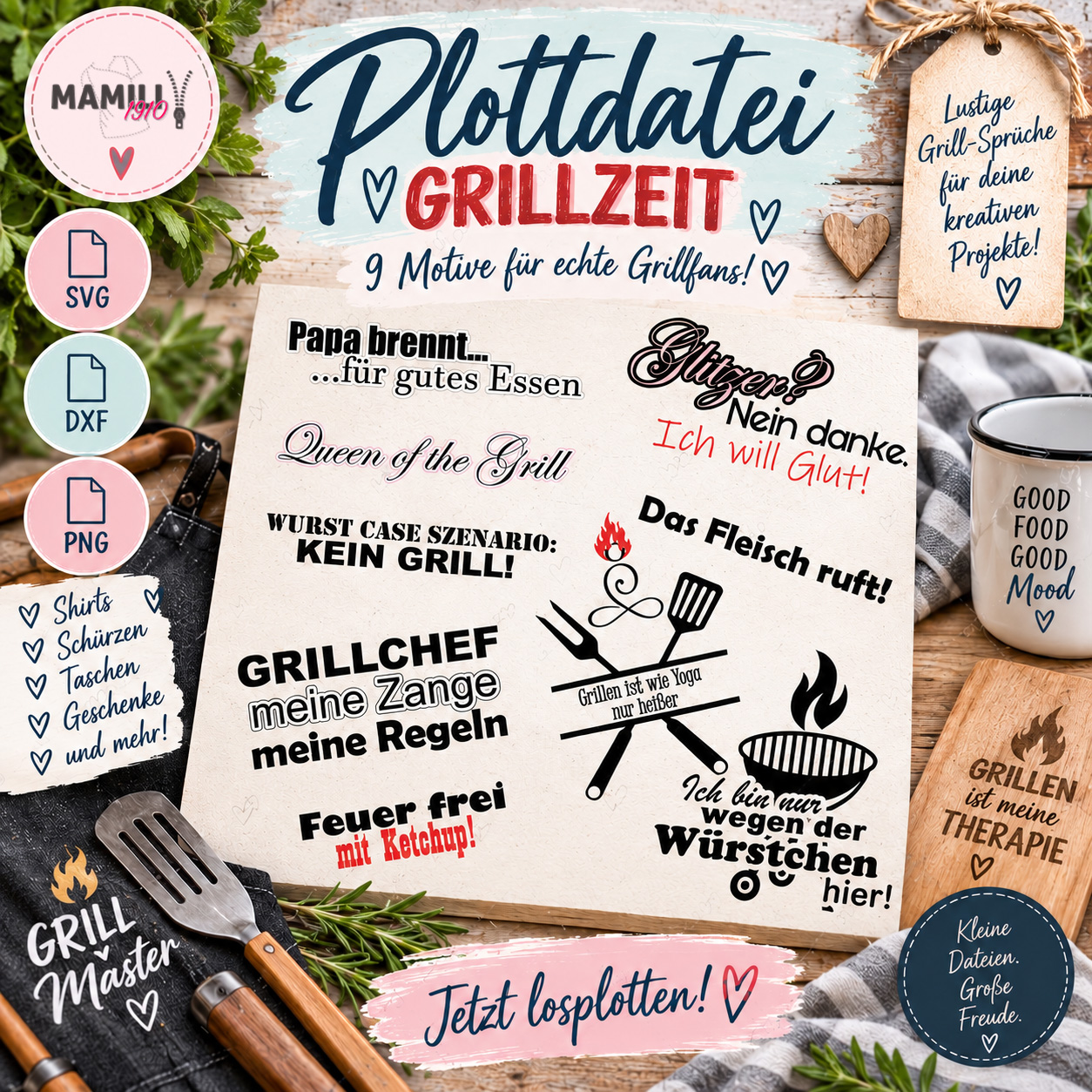 Plottdatei Grillzeit – 9 lustige Grillmotive als SVG DXF PNG