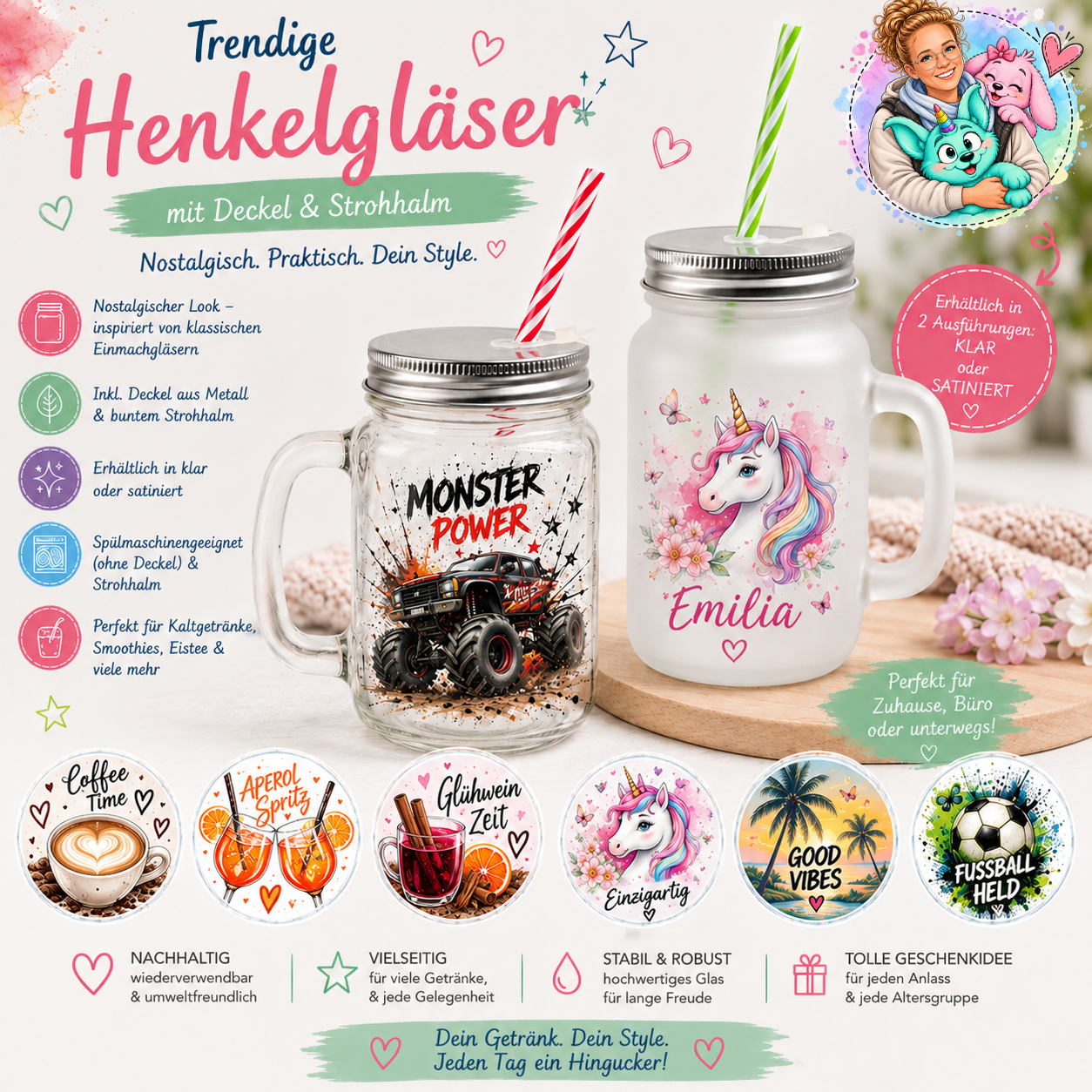 Henkelglas mit Deckel und Trinkhalm
