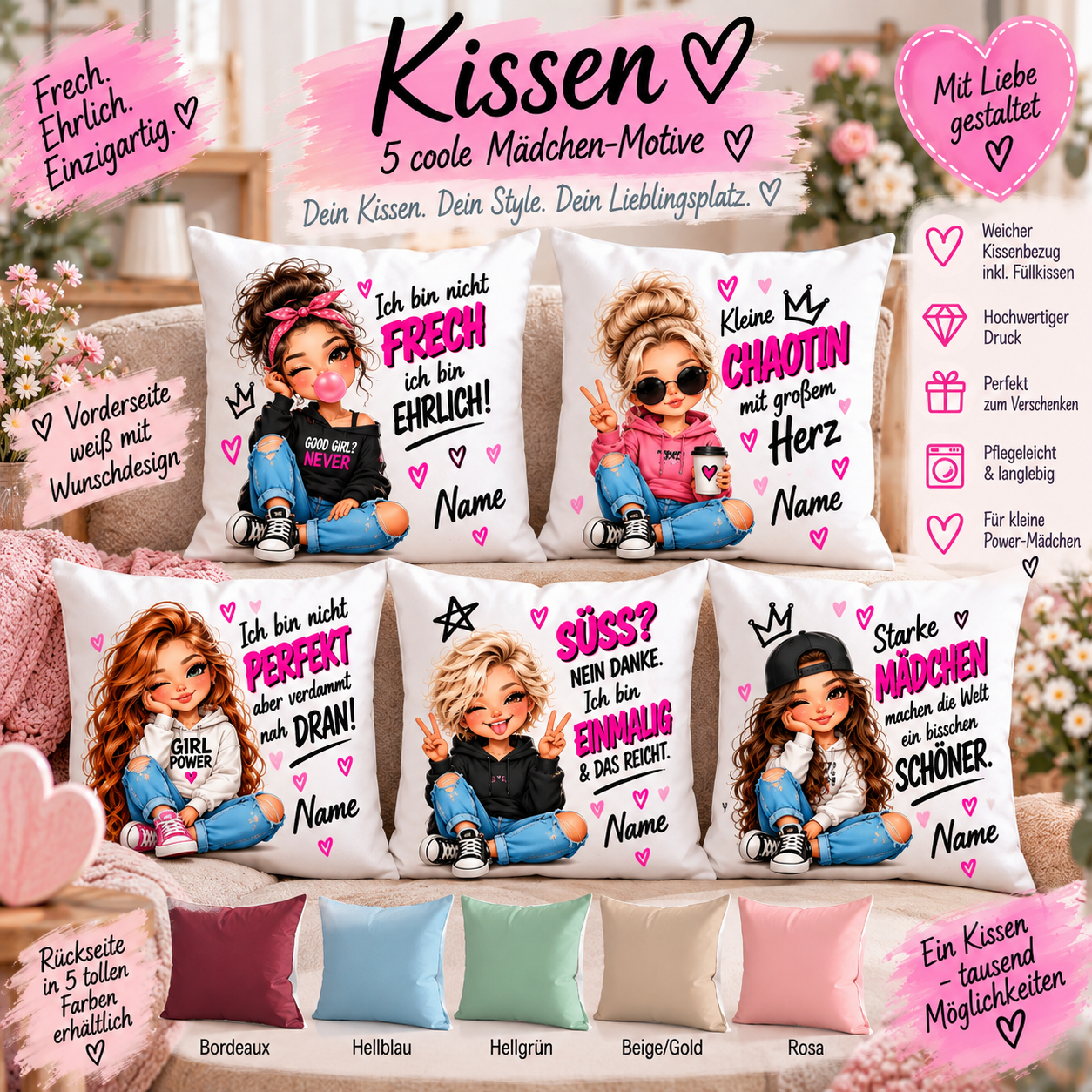 Personalisiertes Kissen 40x40 cm mit frechen Mädchenmotiven und Wunschnamen in fünf Farben