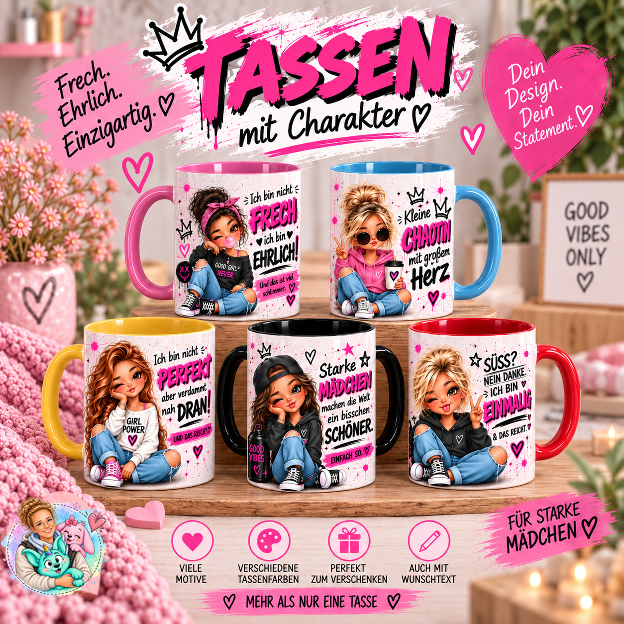 Personalisierbare Tassen mit frechen Sprüchen und Charakterdesigns aus der Reihe „Frech. Ehrlich. Einzigartig.“