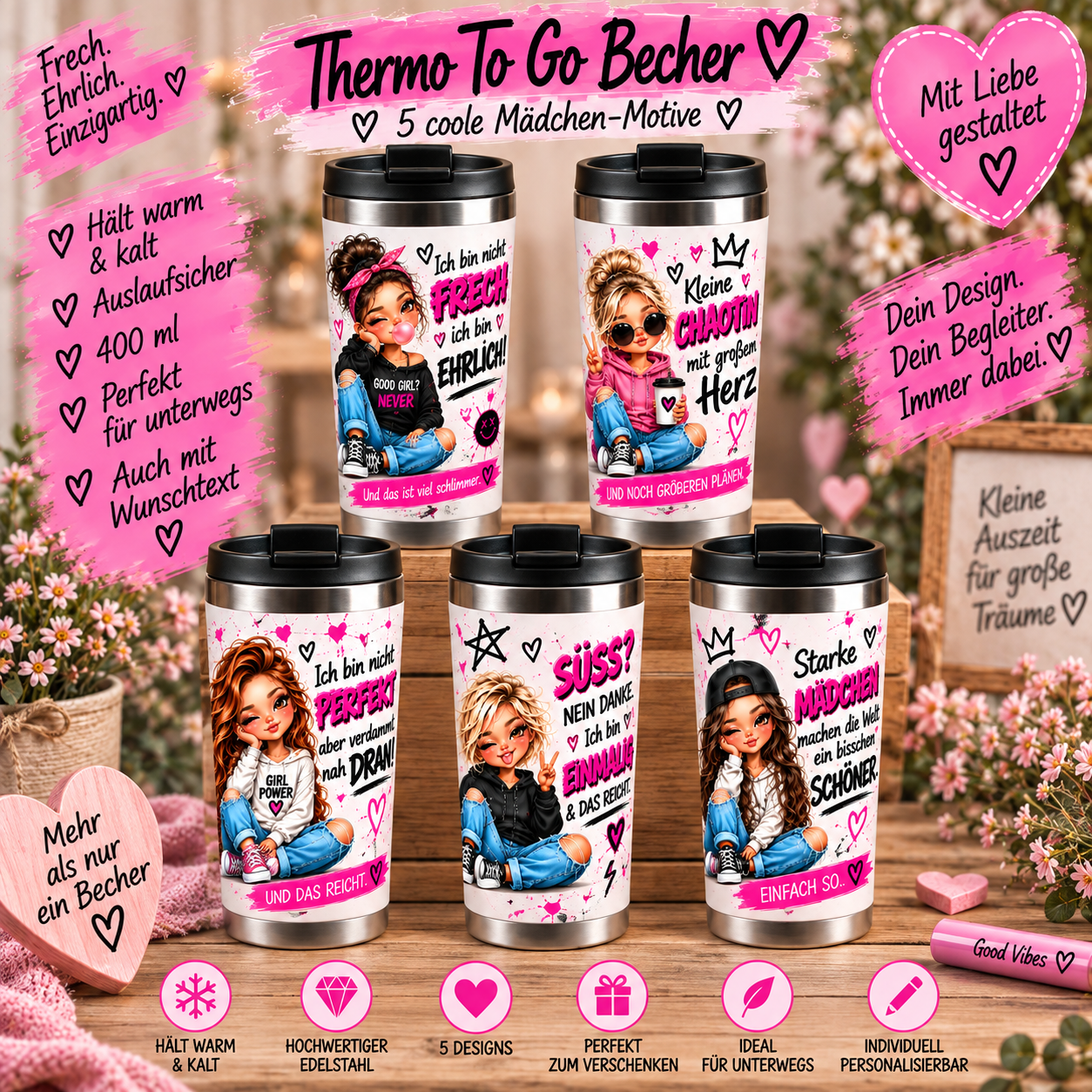 Thermo To Go Becher 420 ml mit 5 Mädchen-Motiven aus der Serie Frech. Ehrlich. Einzigartig.