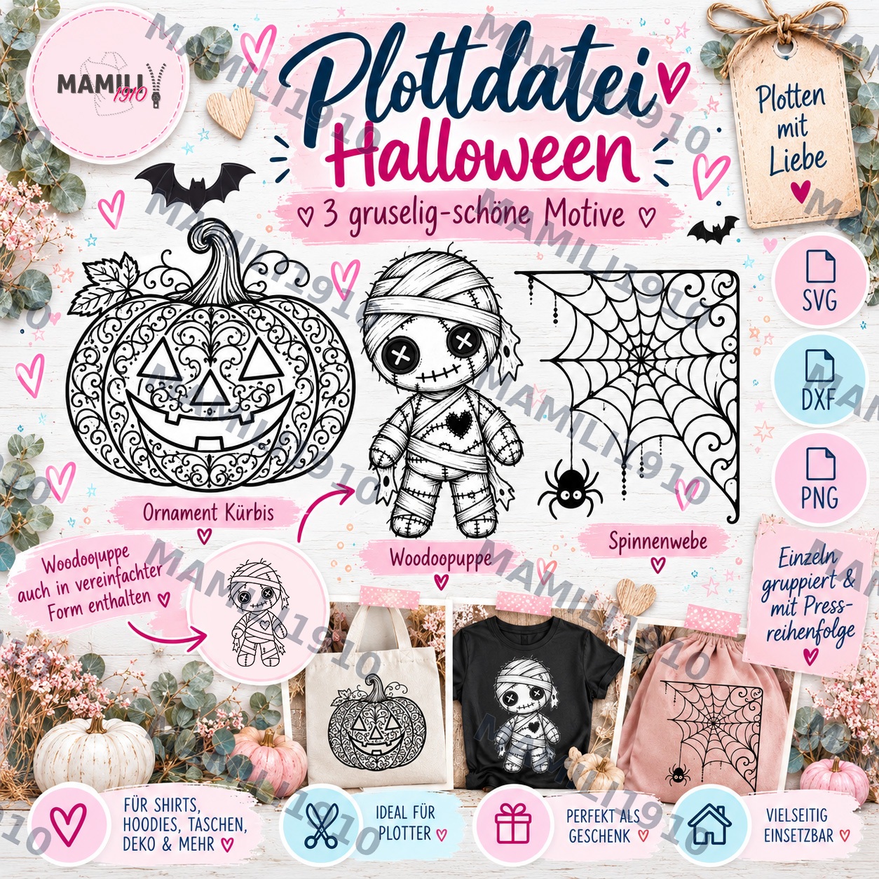 Halloween-Plottdatei mit detailreichem Ornament-Kürbis, Woodoopuppe und Spinnennetz im Mamili1910-Stil – kreative SVG-, DXF- und PNG-Motive zum Plotten für Shirts, Hoodies, Taschen und Herbstdekoration.